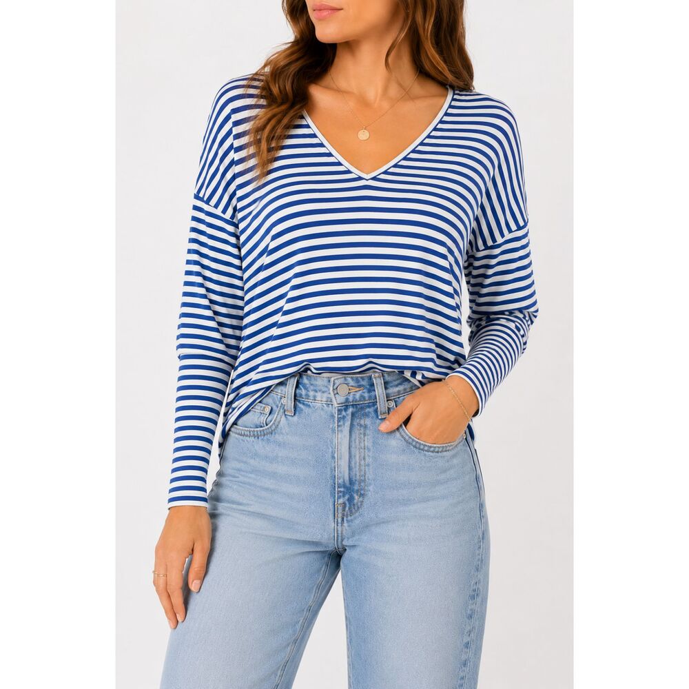 Amieu Blue & White Striped Long Sleeve Top Women's Medium Nautical